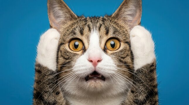 Shocked tabby cat with white fur markings posing with paws up to its head in a funny way.