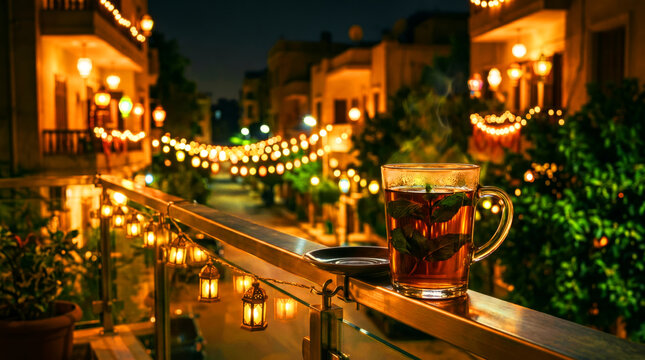 Steaming Glass of Mint Tea on Balcony Railing Overlooking Ramadan Street Lights
