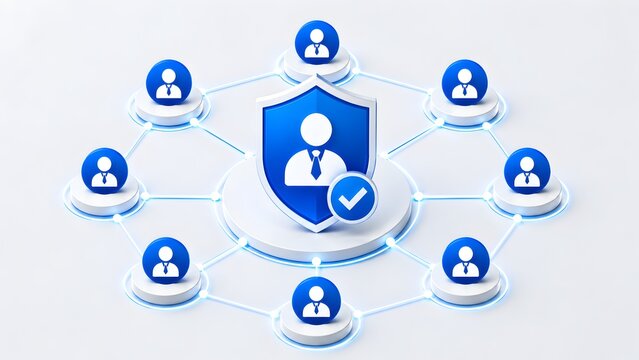 3D network of business people with central security shield and checkmark for data protection and privacy concepts
