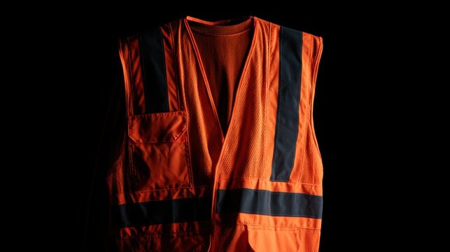 Safety vest with reflective stripe detail hanging in low light on black background for construction or safety worker visibility and protection equipment concept