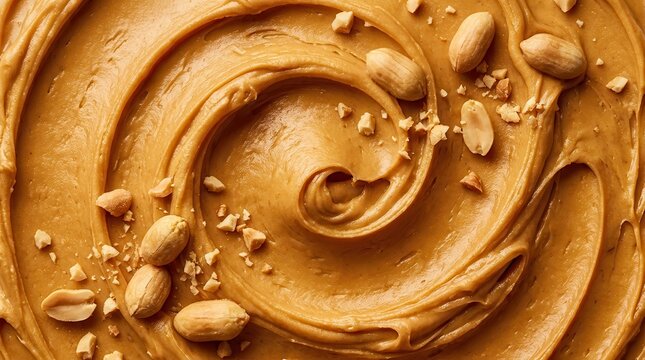 Macro shot of peanut butter swirls with peanuts and copy space for design.