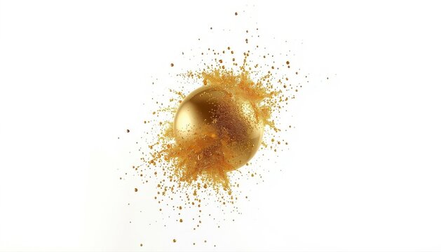 Golden sphere exploding into tiny sparkling glitter particles against a white background with gold ball gold dust sparkling explosion metallic ball magic particles explosion shiny sphere