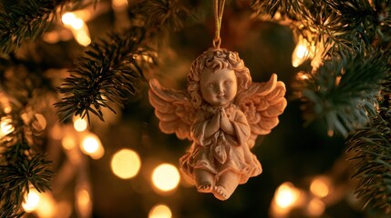 Fototapeta premium Close-up of delicate angel figurine ornament hanging on green pine branch with warm glowing fairy lights in soft focus background during festive Christmas season