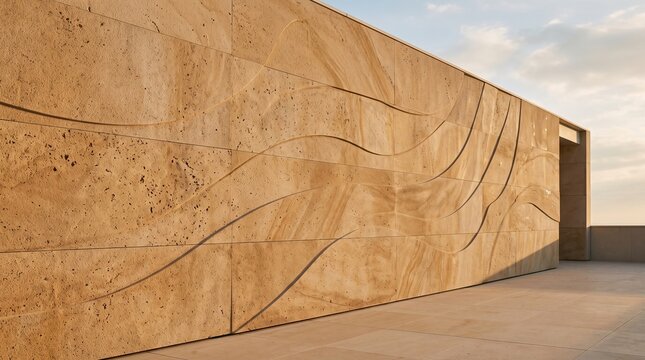 Modern architectural beige sandstone wall relief with curved wave pattern under warm sunlight background, luxury exterior facade concept