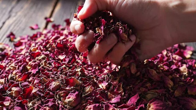 Hand Scooping Dried Red Rose Petals on Wooden Table