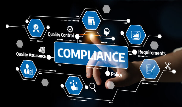 A digital illustration depicting compliance concepts with icons for quality assurance, control, and policy. Suitable for business contexts and management strategies. Tessel