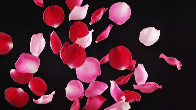 Pink and Red Rose Petals Falling Slow Motion Isolated on Black