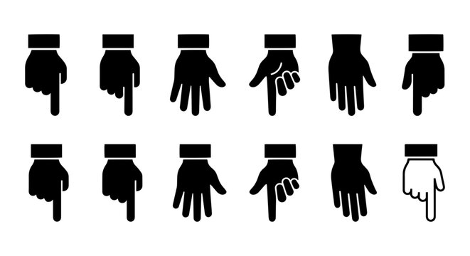 Hand Pointer Icons Set, Down Arrow Gestures, Clickable Cursors, Digital Navigation Symbols