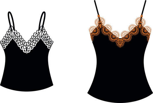 Women elegant black camisole top vector flat sketch template with detailed lace trim and spaghetti straps for apparel design.