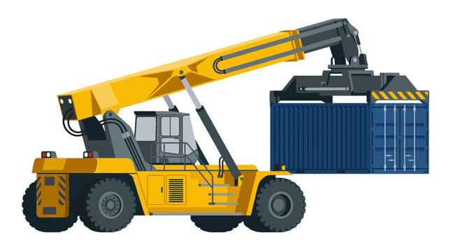 Yellow reach stacker heavy machinery lifting a blue shipping container isolated on white background.