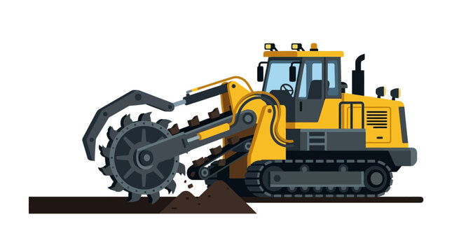 Yellow industrial trencher machine digging a trench in the ground.