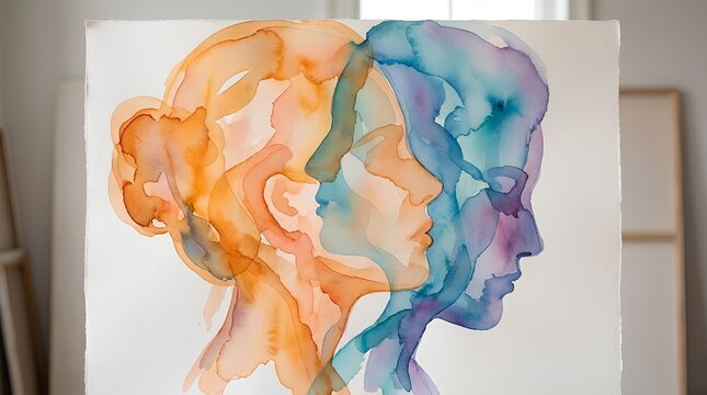 Abstract watercolor painting of two overlapping human profiles in orange and blue.