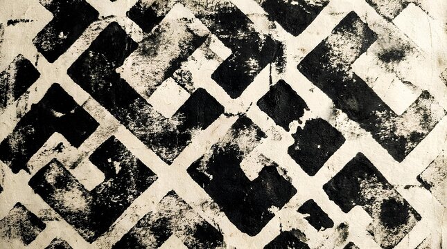 Abstract black and white distressed geometric pattern with textured finish.