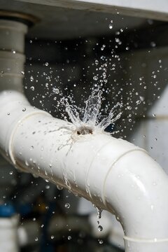 Close-up of a leaking white plumbing pipe spraying water droplets, illustrating pipe damage, maintenance, repair, pressure, and infrastructure failure