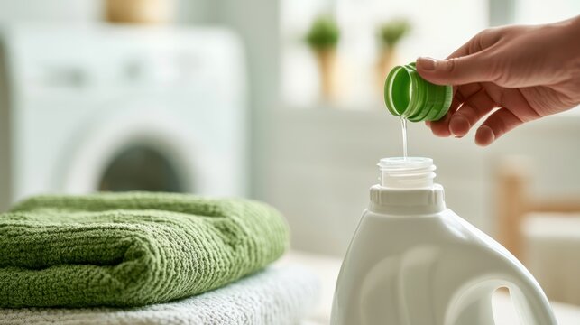 Close-up of person pouring liquid detergent from green cap into white plastic bottle with neatly folded green and white towels in bright modern laundry room background