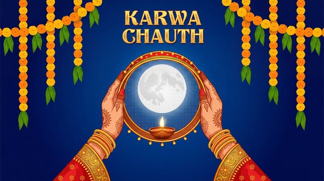Floral ornament with karwa chauth text and moon reflection vector illustration marigold garland design pattern festival indian traditional culture celebration lamp divine