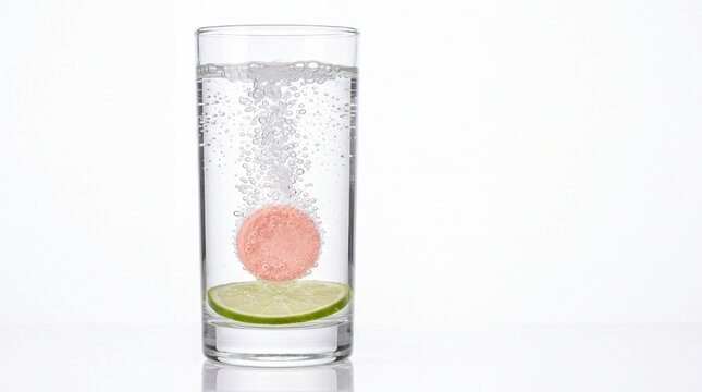 Effervescent tablet dissolving in a clear glass of water with a lime slice, creating bubbles against a clean white background.