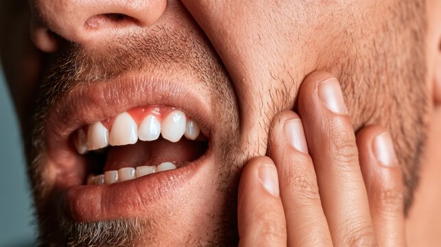 Close-up of man experiencing tooth pain while touching cheek showing discomfort and oral health issue with clear view of teeth and facial hair detail