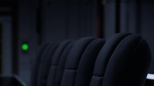 Rows of empty theater seats are lined up in a dark space. The seats are plush and neat, ready for the next show. Soft light highlights their contours in the dim room.