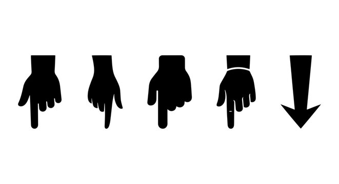 Five Black Silhouette Hand Pointers, Downward Directional Arrows, Simple Vector Icons