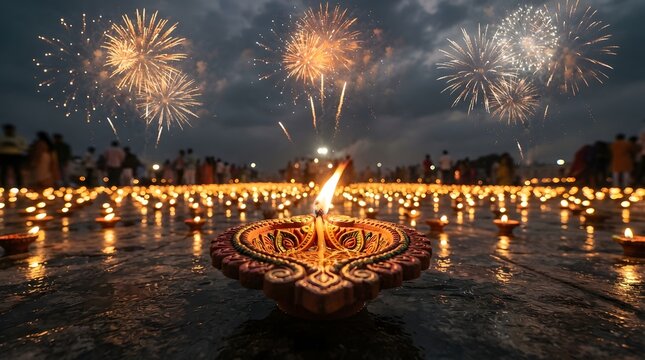 Ornate traditional clay diya with flame in foreground and blurred crowd with fireworks during diwali festival