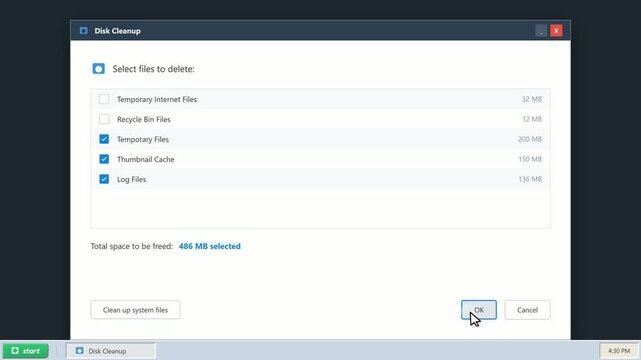 Computer disk cleanup utility clearing temporary system files. 4K Video