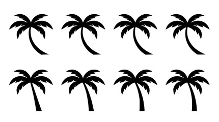 Fototapeta premium Palm trees set with tropical foliage featuring coconut, fronds, and trunks with sunset gradient and minimalist style