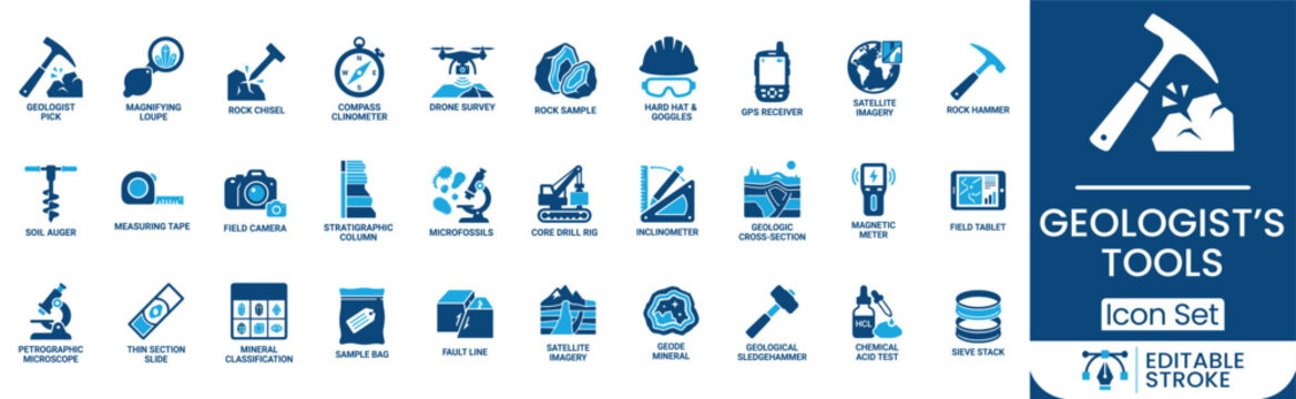 Geologist's tools icon set featuring pick, loupe, chisel, compass, drone, rock, and more