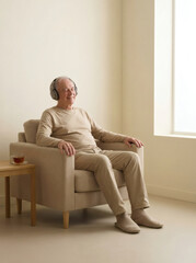 Fototapeta premium Grandfather Relaxing and Listening to Music Using Wireless Headphones by the Window
