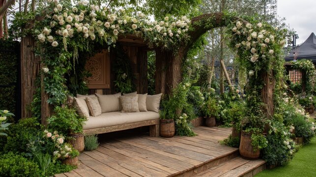 Rustic garden pergola with white roses and wooden bench seating