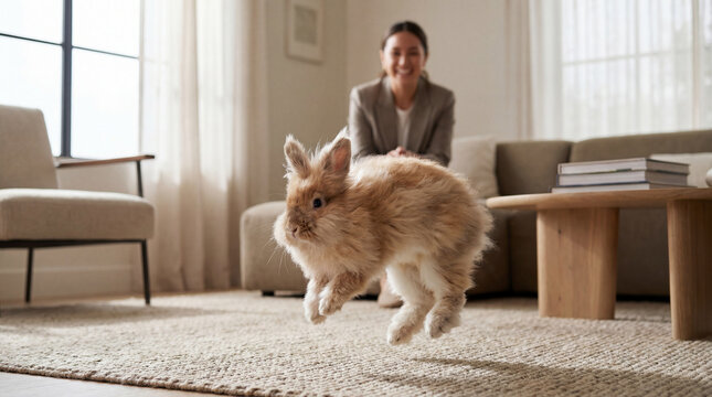 Happy fluffy rabbit binky jumping action shot in modern living room with woman watching