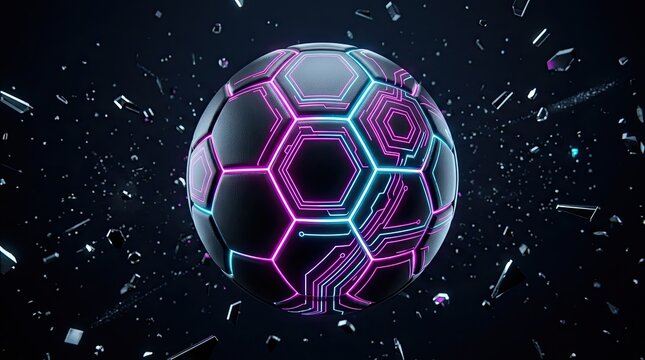 Futuristic Soccer Ball with Neon Circuitry and Shattering Fragments