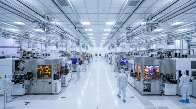 Modern electronics manufacturing factory with automated machines and workers in clean room protective suits