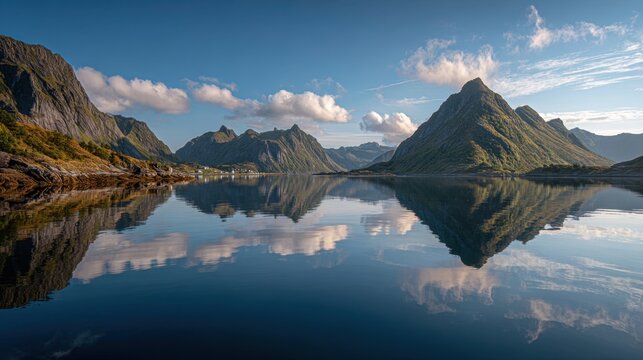 Dramatic Norwegian fjord with mirror reflection of mountains and clouds on calm water