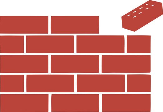 A simple flat vector illustration of a red brick wall being constructed with one single brick floating above it