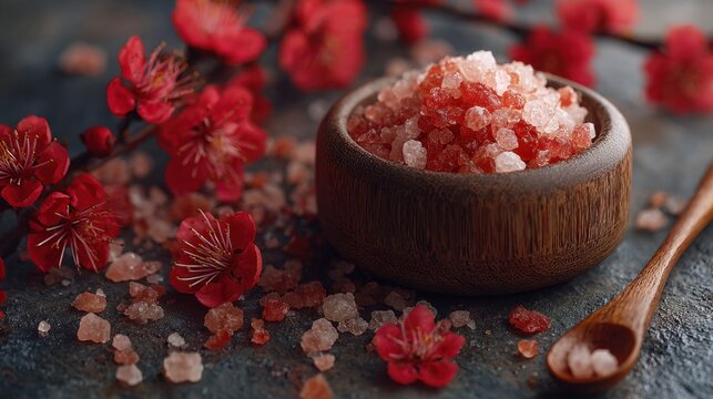 Pink himalayan salt in wooden bowl with red cherry blossoms on dark stone