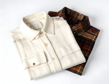 Stack of folded plaid and cream shirts