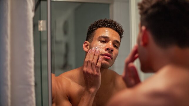 Young man applying face cream in bathroom mirror, men's skincare routine