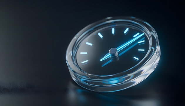 Translucent glass speedometer gauge with a glowing blue needle symbolizing high-speed internet data transfer resting on a dark reflective surface