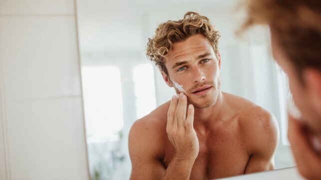 Young man applying shaving cream in bathroom mirror morning grooming routine