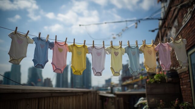 Colorful baby onesies hanging on clothesline with city skyline backdrop
