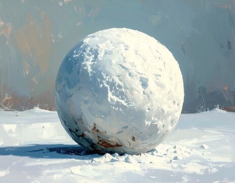 Textured snowball on frozen ground in winter sunlight.