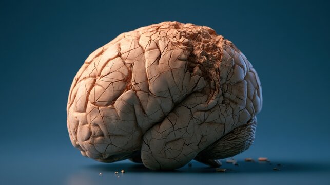 Detailed close-up of a cracked and damaged human brain model with texture and fragments on blue background symbolizing mental health and neurological injury concept