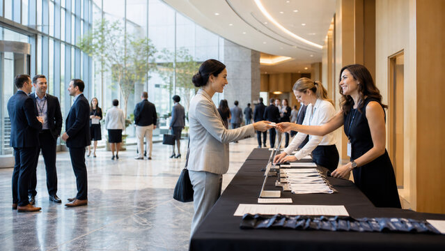 Business conference registration desk in modern lobby