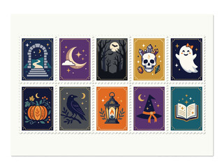 Fototapeta premium Spooky Halloween stamp bundle pack featuring cute holiday icons in flat vector illustration layout, top view.