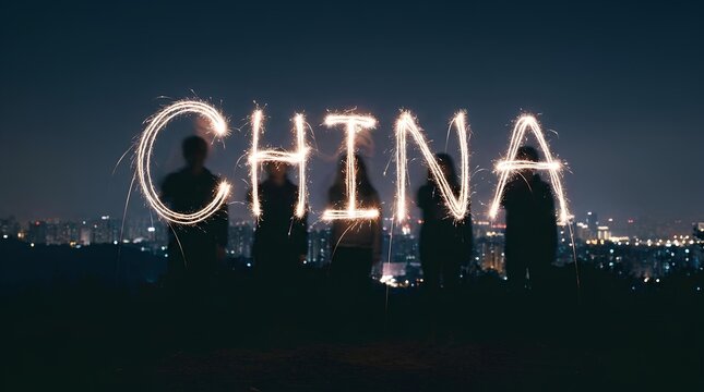 China text light painting over night city skyline.