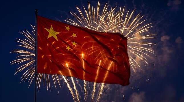 Chinese flag waving against fireworks in night sky.