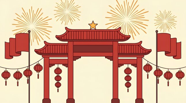 Chinese gate illustration with fireworks and lanterns.