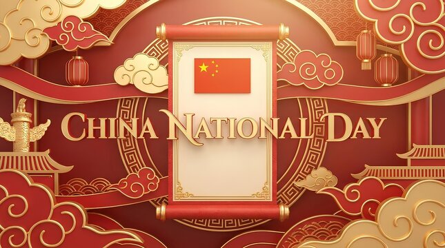 China National Day celebratory background with flag scroll and golden clouds in traditional style.