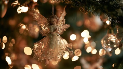 Fototapeta premium Delicate angel ornament hanging on decorated evergreen branch with glowing warm lights creating festive and magical holiday atmosphere in soft focus